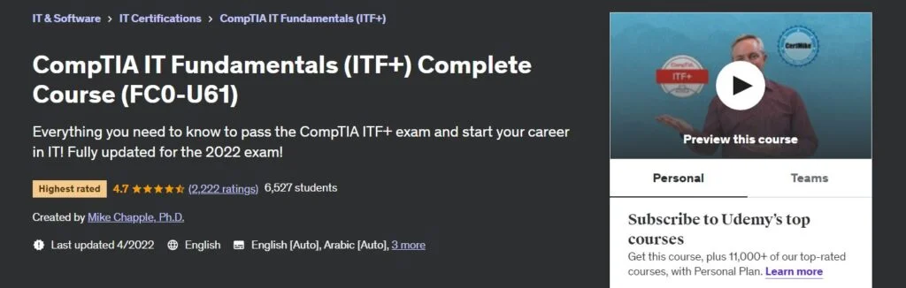 Highest rated CompTIA ITF+ IT Fundamentals Complete Course FC0-U61 on Udemy