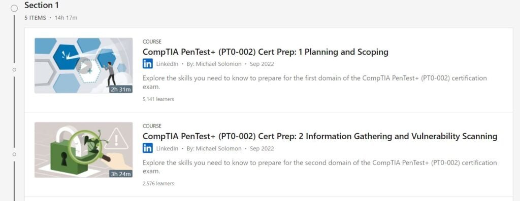 comptai pentest+ Learning path LinkedIn Learning