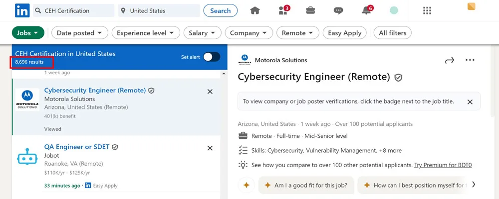 number of CEH jobs in USA on LinkedIn